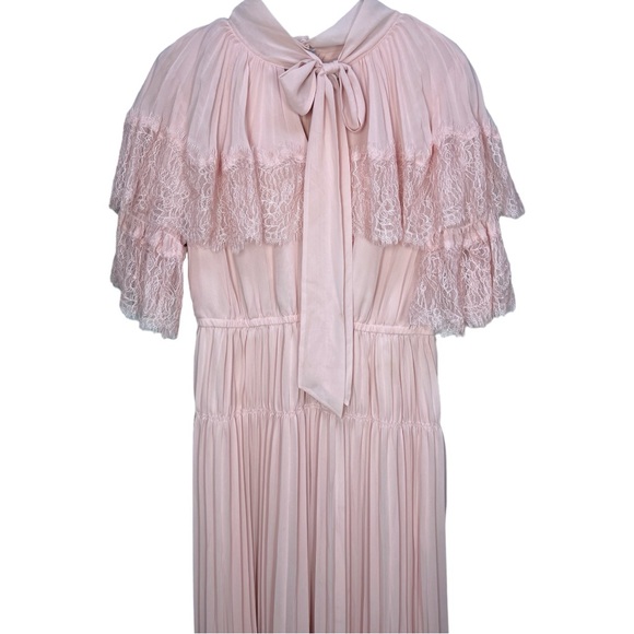 Pink Self-Portrait Lace-trimmed Pleated Chiffon Maxi Dress UK 14/US 10 - Picture 4 of 14